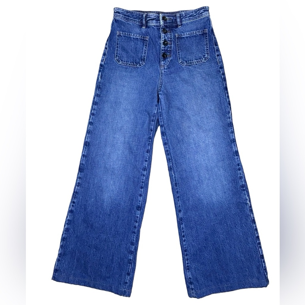 Massimo Dutti Womens Wide Leg Jeans with Pockets - High Rise - Mid Wash - Sz 4
